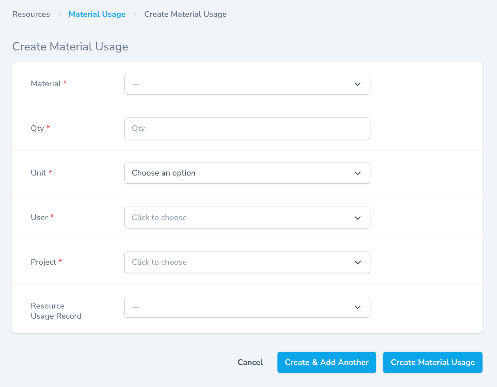 Create Material Usage Form